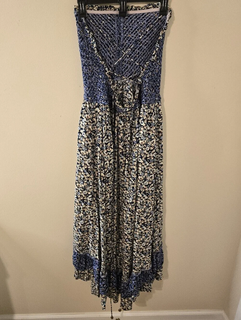Free People Dress LARGE One I Love in Denim Combo Floral Midi Sundress Boho